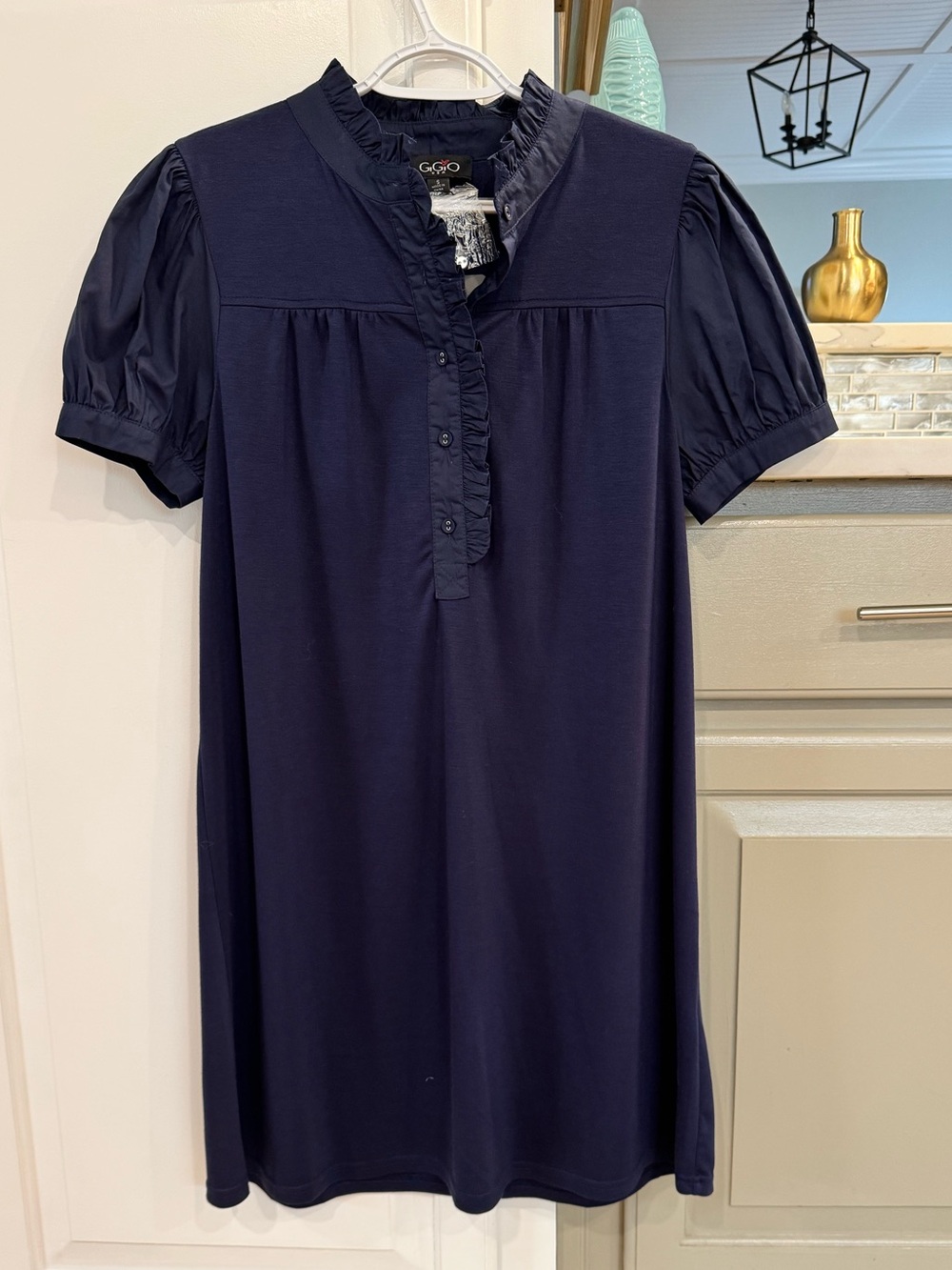 GiGio Navy Ruffle-Trim mixed media Short Sleeve shirt Dress- NWT- size small